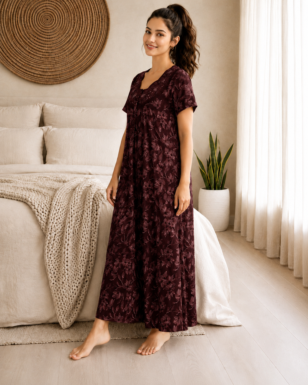 Belavastra Premium Cotton Front Open Nighty - Chocolate Maroon Embroidered Floral Maxi