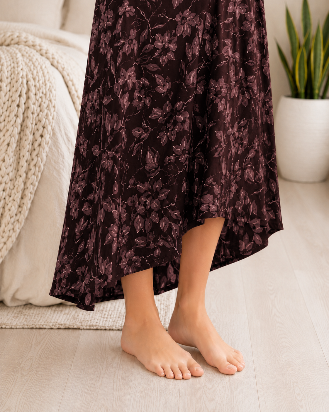 Belavastra Premium Cotton Front Open Nighty - Chocolate Maroon Embroidered Floral Maxi