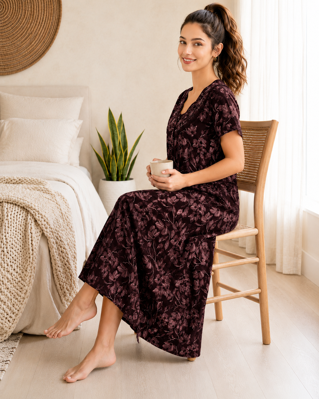 Belavastra Premium Cotton Front Open Nighty - Chocolate Maroon Embroidered Floral Maxi