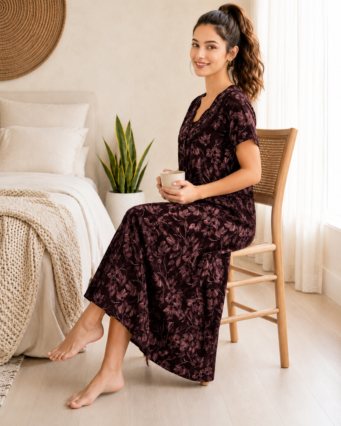 Belavastra Premium Cotton Front Open Nighty - Chocolate Maroon Embroidered Floral Maxi