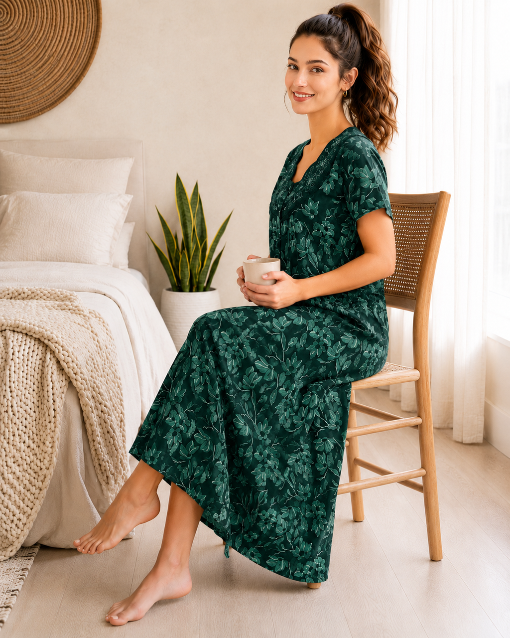Belavastra Premium Cotton Front Open Nighty - Emerald Green Embroidered Floral Maxi
