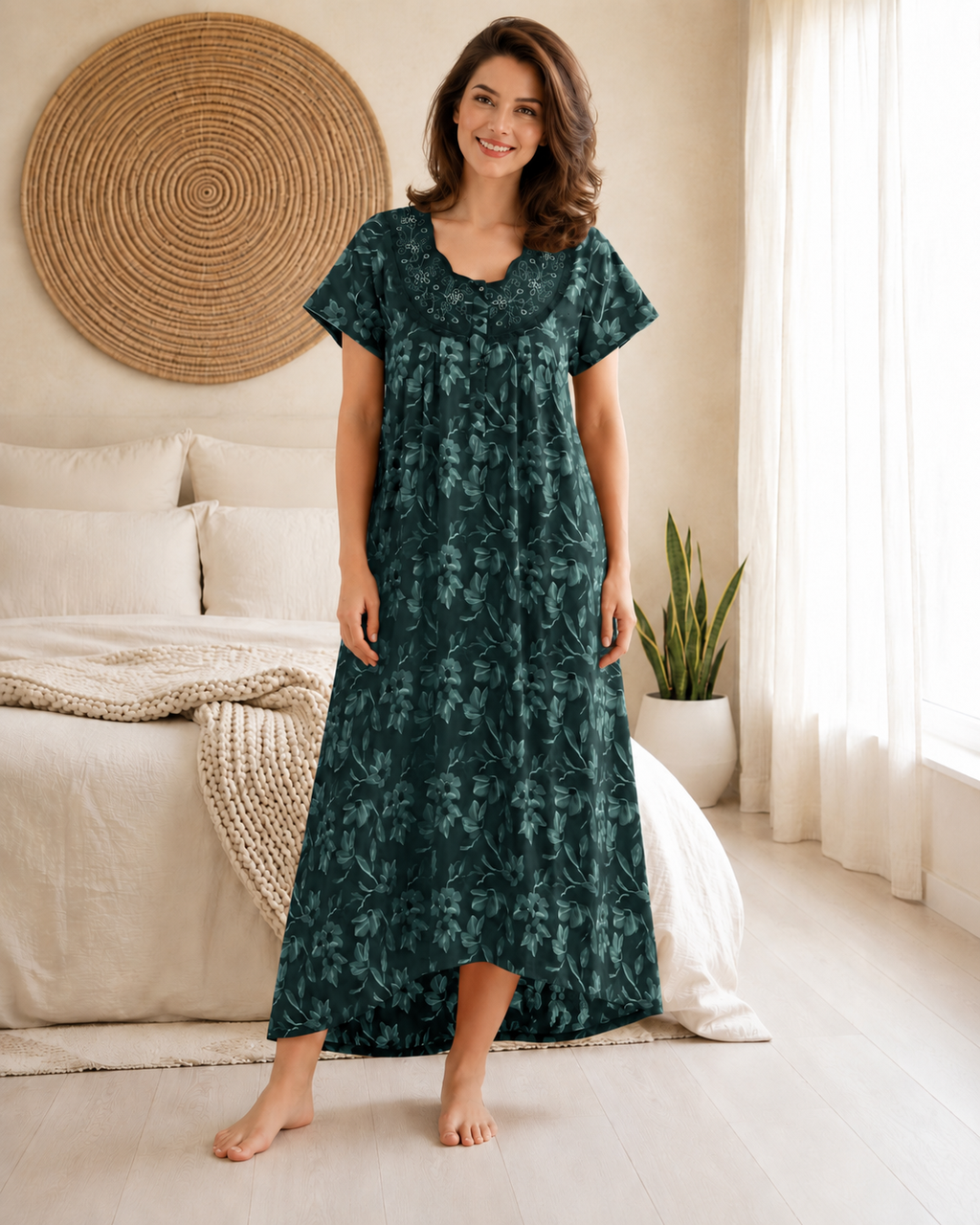 Belavastra Premium Cotton Front Open Nighty - Emerald Green Embroidered Floral Maxi