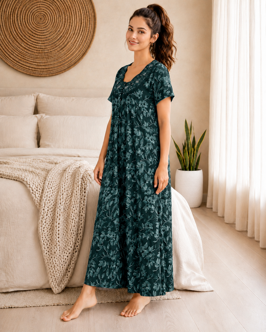 Belavastra Premium Cotton Front Open Nighty - Emerald Green Embroidered Floral Maxi