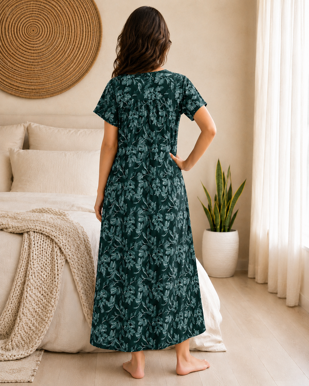 Belavastra Premium Cotton Front Open Nighty - Emerald Green Embroidered Floral Maxi