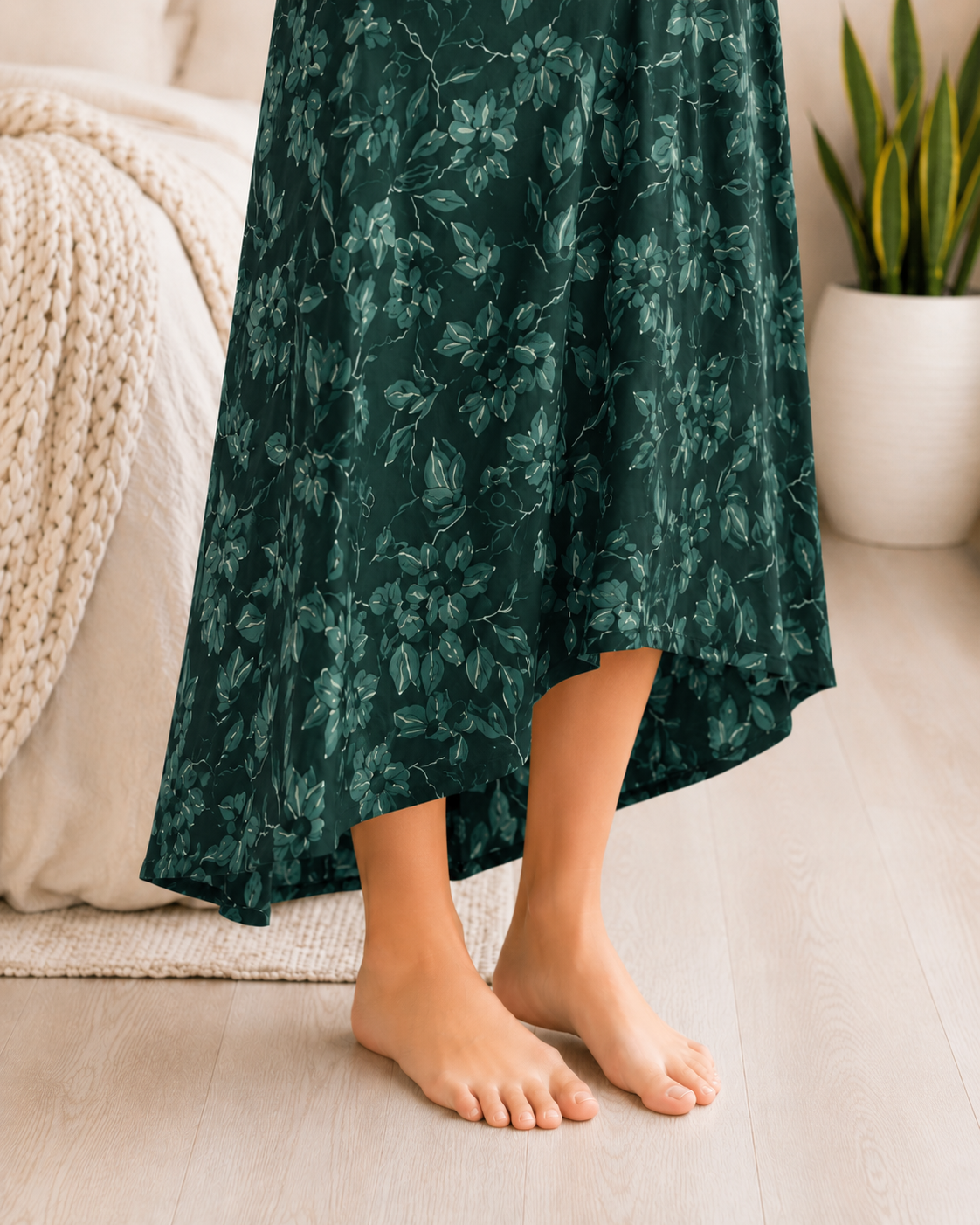 Belavastra Premium Cotton Front Open Nighty - Emerald Green Embroidered Floral Maxi