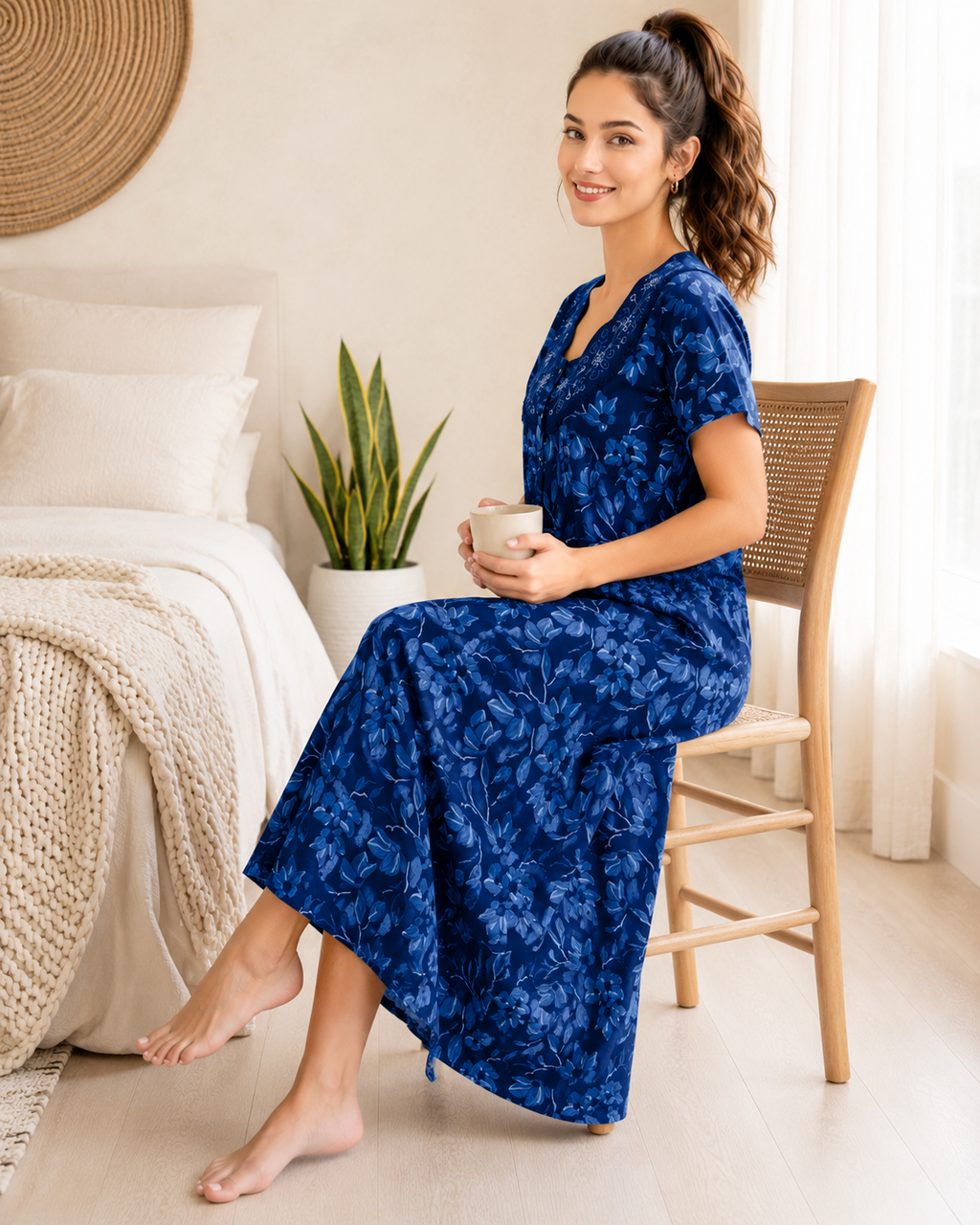 Belavastra Premium Cotton Front Open Nighty - Indigo Blue Embroidered Floral Maxi