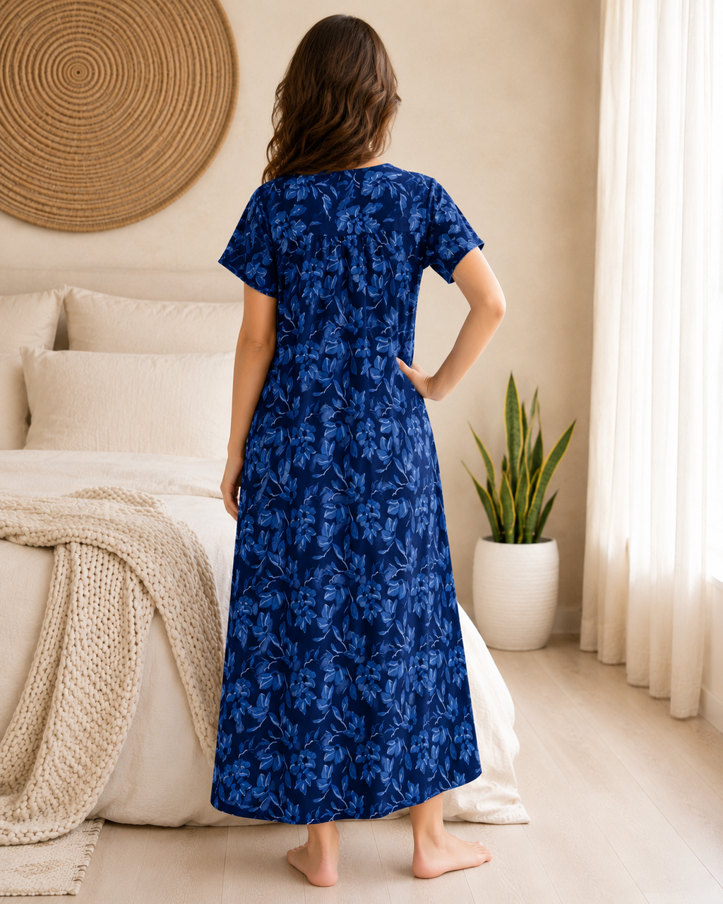 Belavastra Premium Cotton Front Open Nighty - Indigo Blue Embroidered Floral Maxi