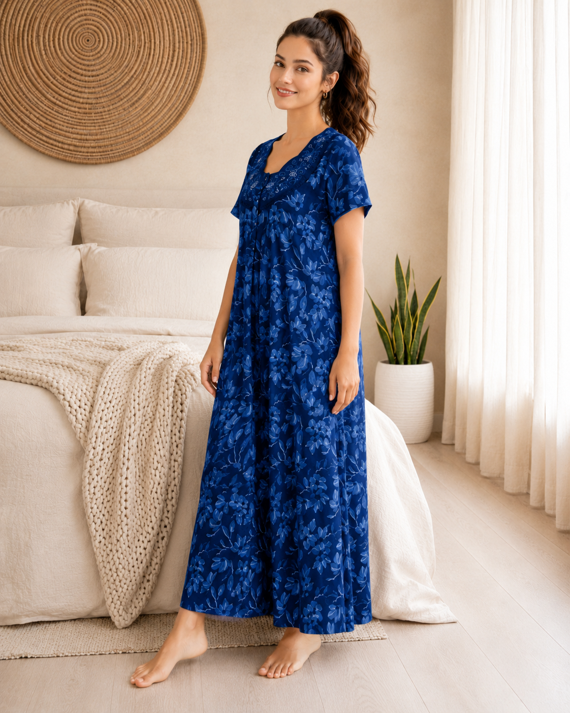 Belavastra Premium Cotton Front Open Nighty - Indigo Blue Embroidered Floral Maxi