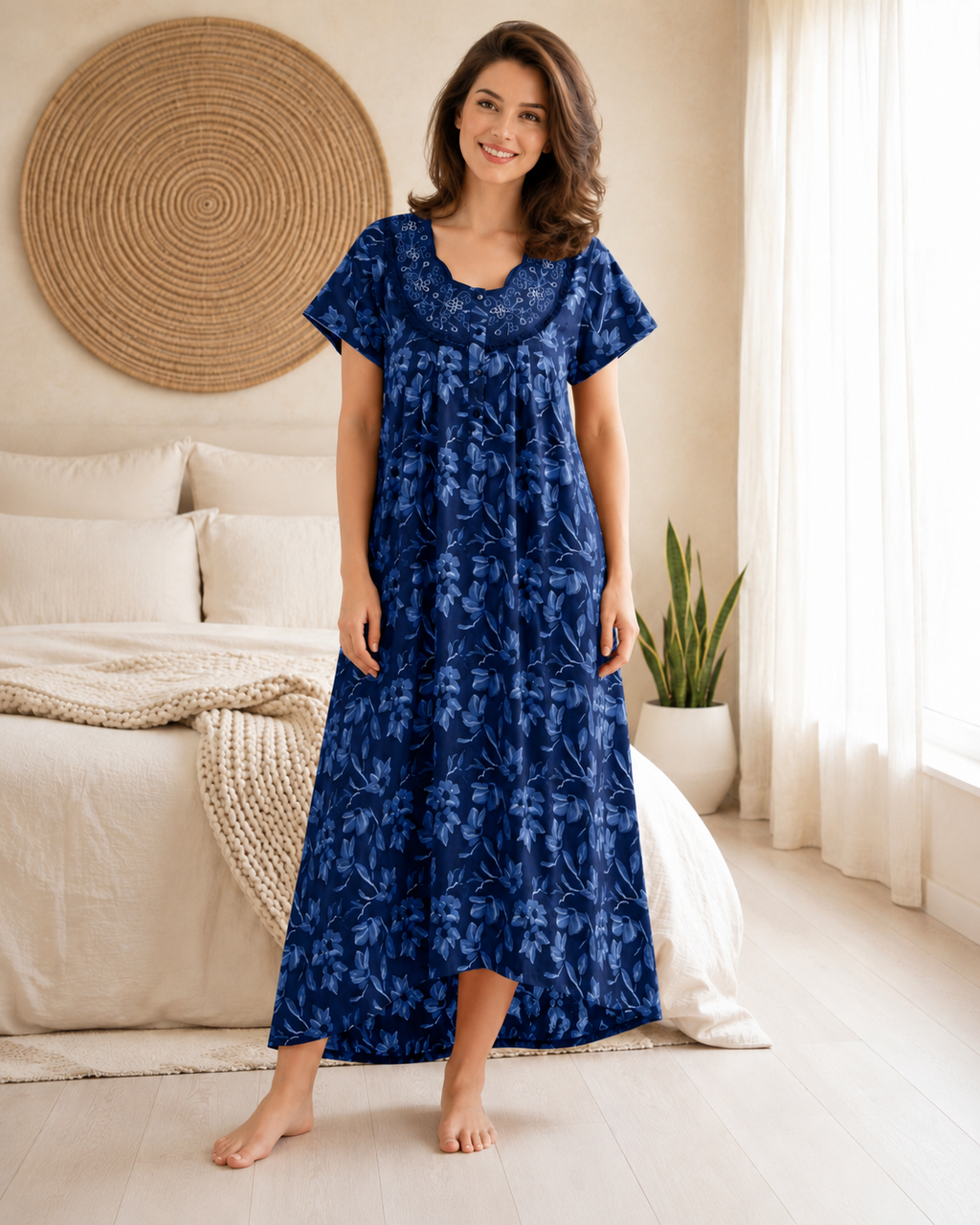 Belavastra Premium Cotton Front Open Nighty - Indigo Blue Embroidered Floral Maxi