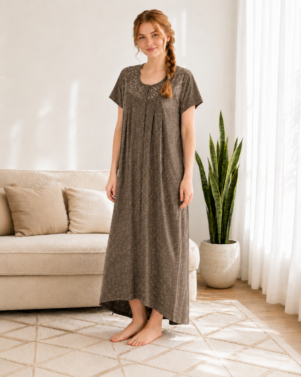 Belavastra Premium Cotton Front Open Nighty - Charcoal Brown Micro Floral Embroidered Maxi