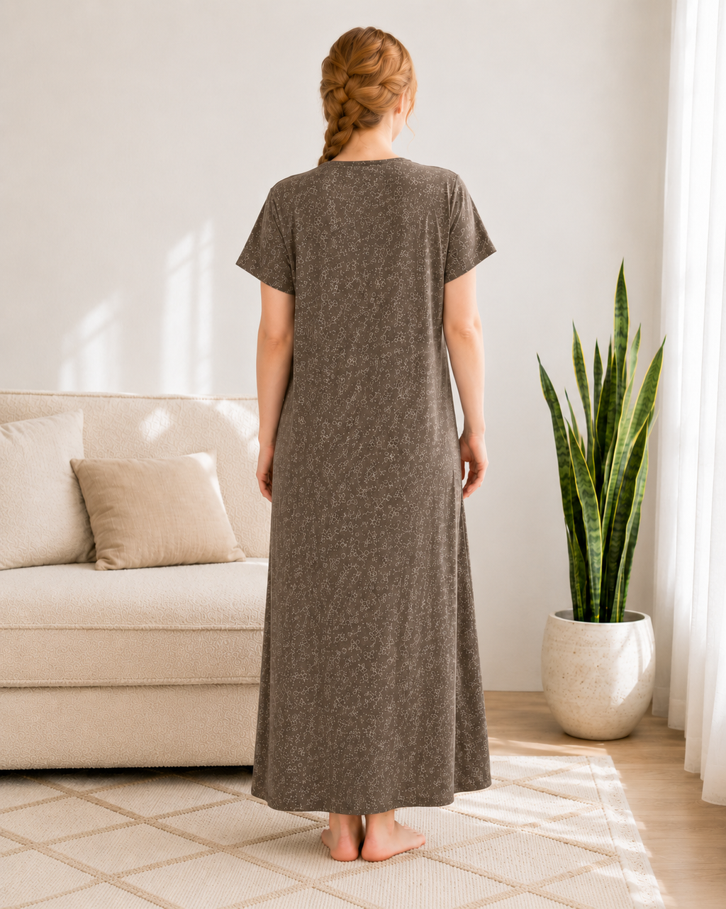Belavastra Premium Cotton Front Open Nighty - Charcoal Brown Micro Floral Embroidered Maxi