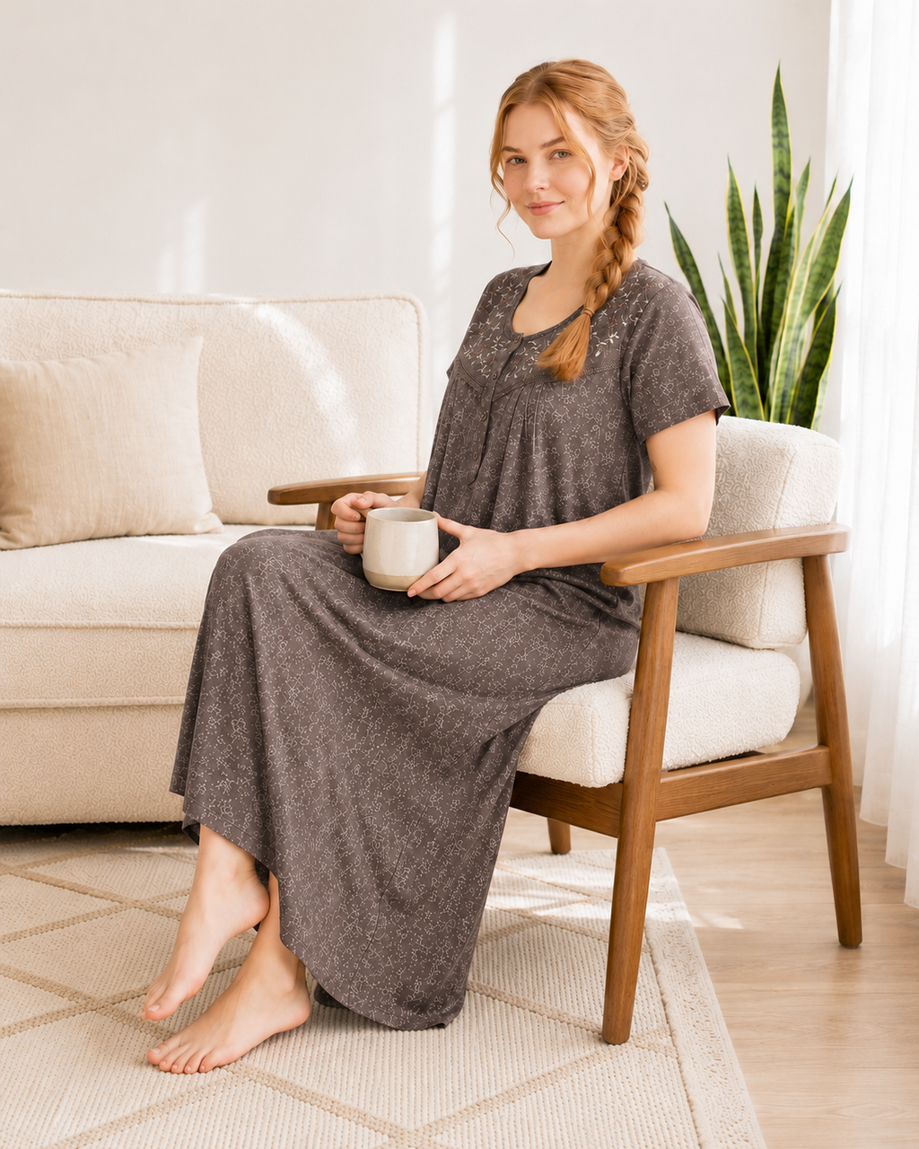 Belavastra Premium Cotton Front Open Nighty - Charcoal Brown Micro Floral Embroidered Maxi