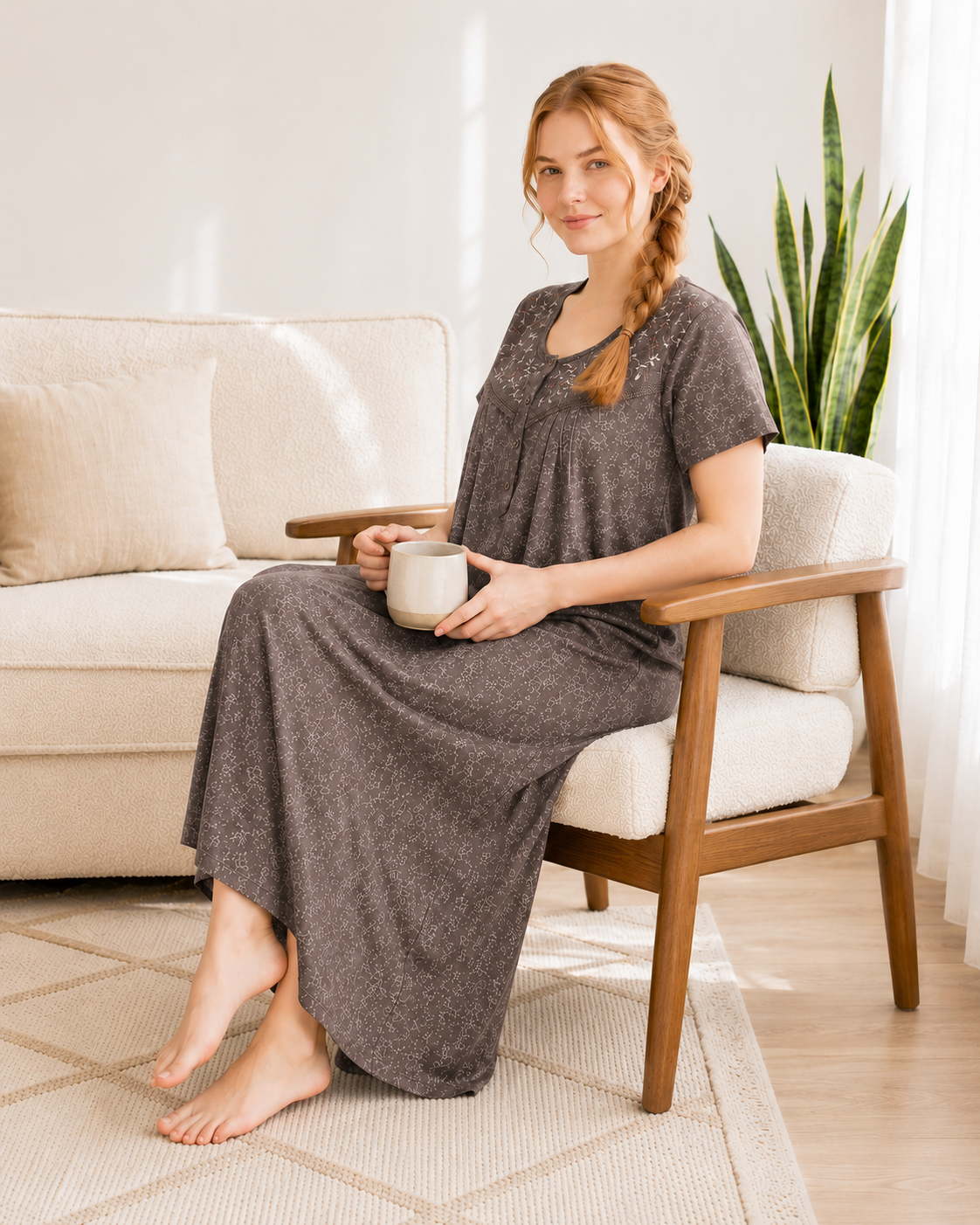 Belavastra Premium Cotton Front Open Nighty - Charcoal Brown Micro Floral Embroidered Maxi