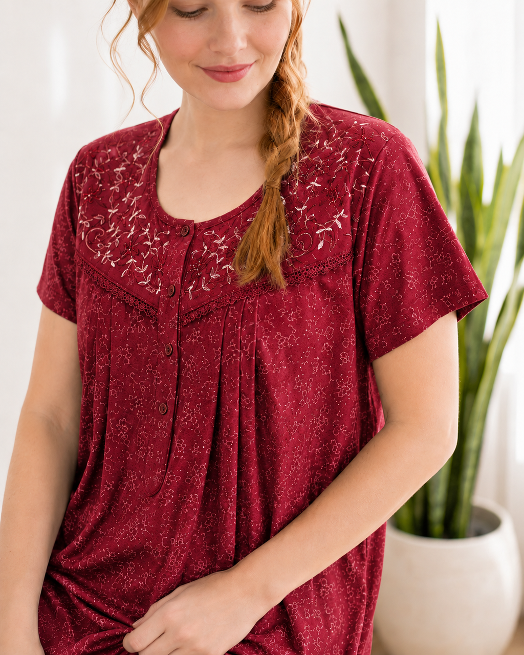 Belavastra Premium Cotton Front Open Nighty - Crimson Red Micro Floral Embroidered Maxi