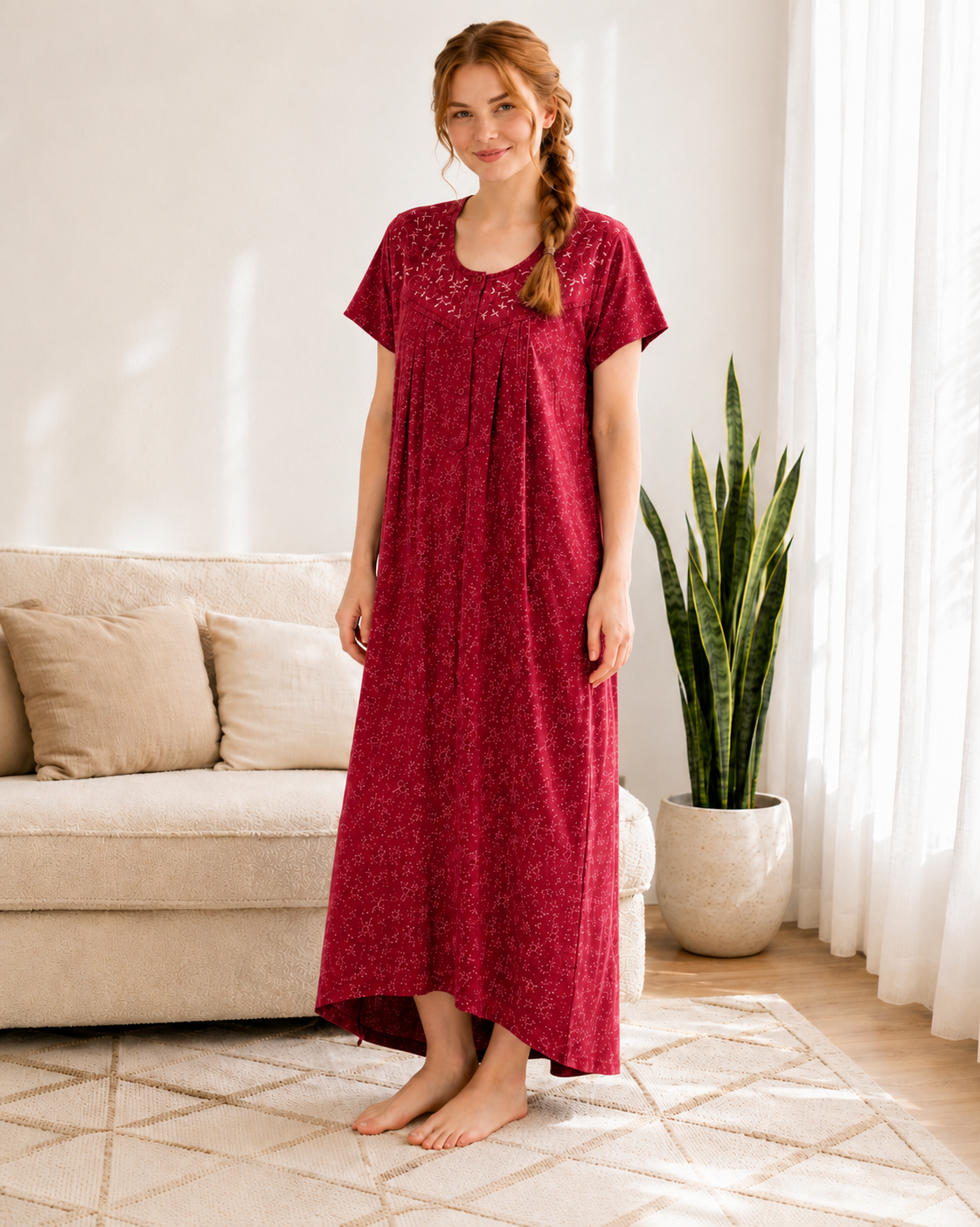 Belavastra Premium Cotton Front Open Nighty - Crimson Red Micro Floral Embroidered Maxi