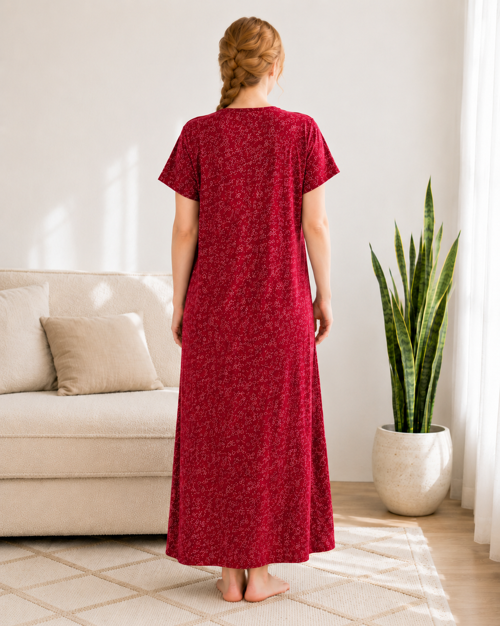 Belavastra Premium Cotton Front Open Nighty - Crimson Red Micro Floral Embroidered Maxi