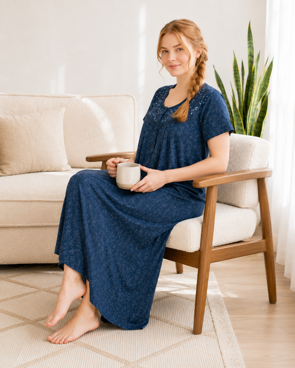 Belavastra Premium Cotton Front Open Nighty - Denim Blue Micro Floral Embroidered Maxi