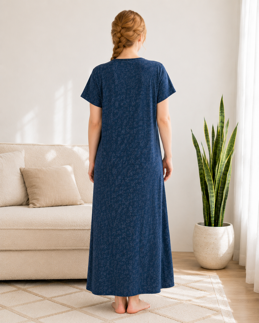 Belavastra Premium Cotton Front Open Nighty - Denim Blue Micro Floral Embroidered Maxi