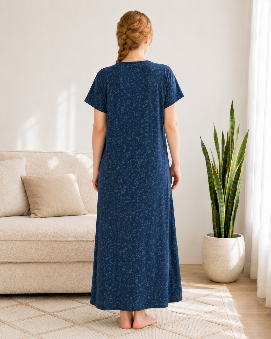 Belavastra Premium Cotton Front Open Nighty - Denim Blue Micro Floral Embroidered Maxi