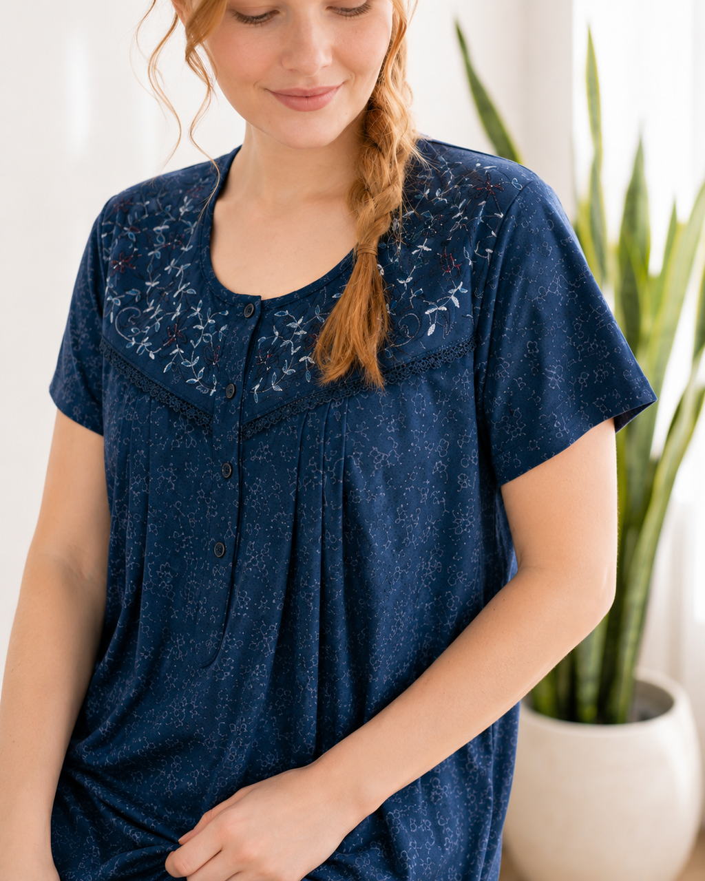 Belavastra Premium Cotton Front Open Nighty - Denim Blue Micro Floral Embroidered Maxi