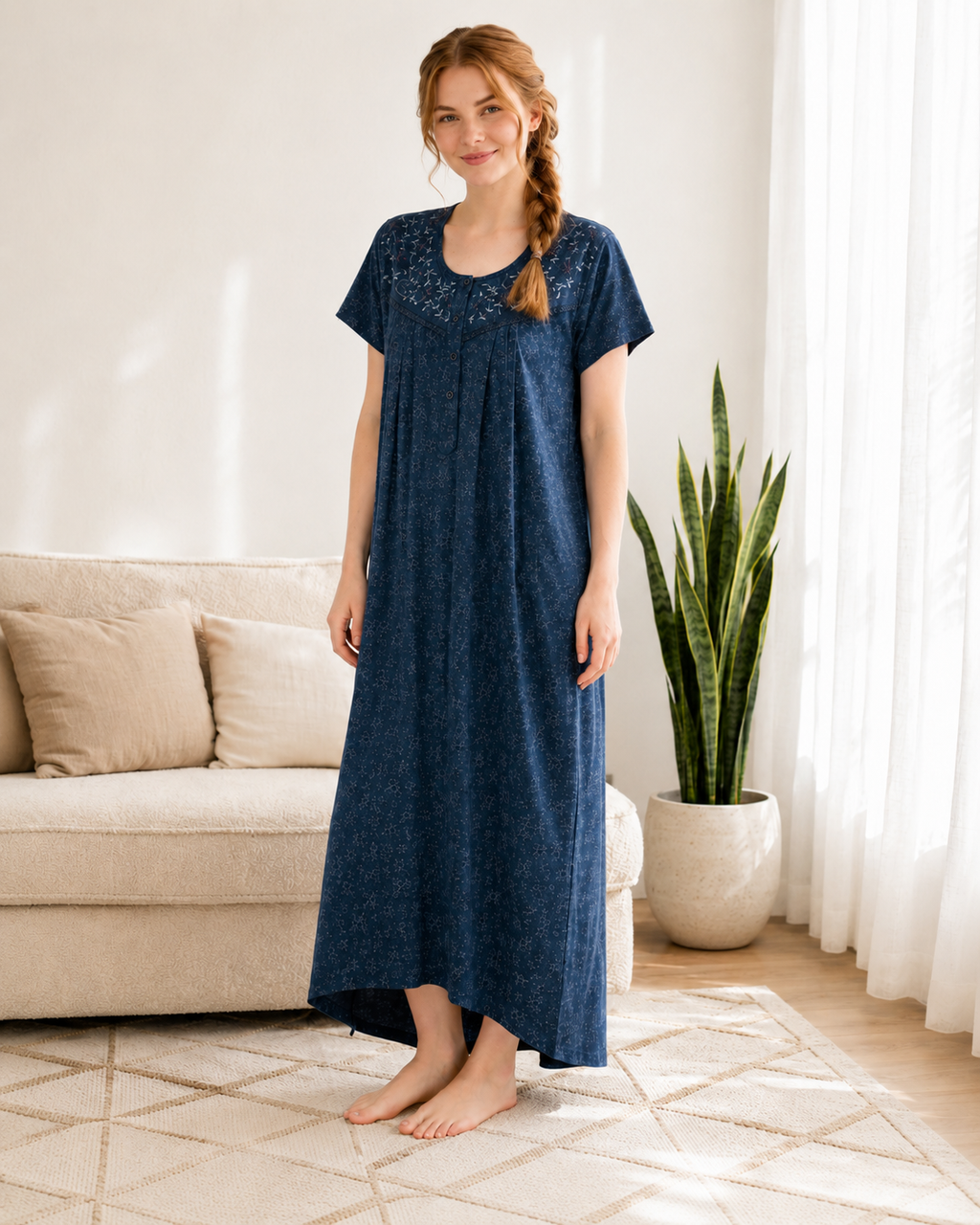 Belavastra Premium Cotton Front Open Nighty - Denim Blue Micro Floral Embroidered Maxi