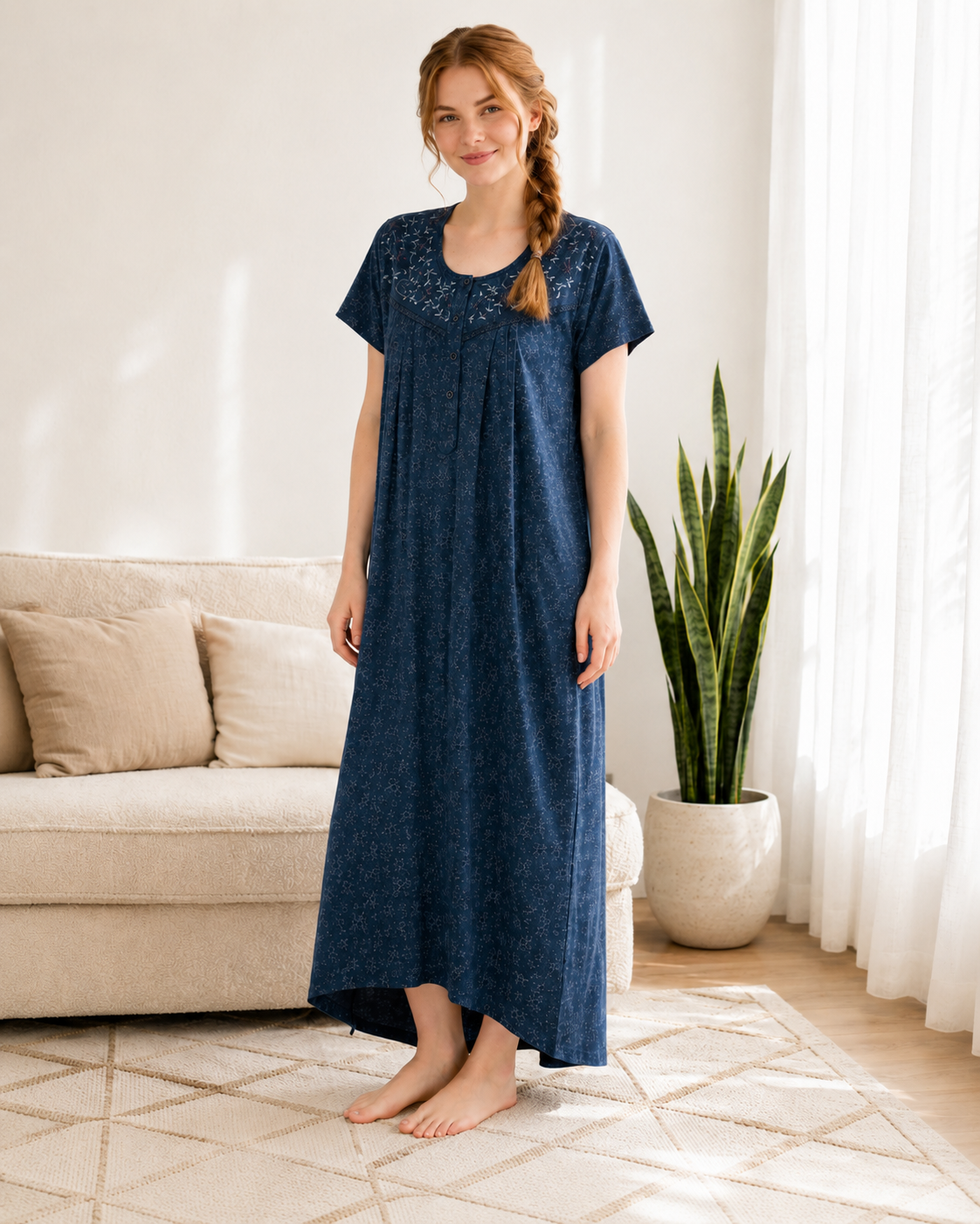 Belavastra Premium Cotton Front Open Nighty - Denim Blue Micro Floral Embroidered Maxi