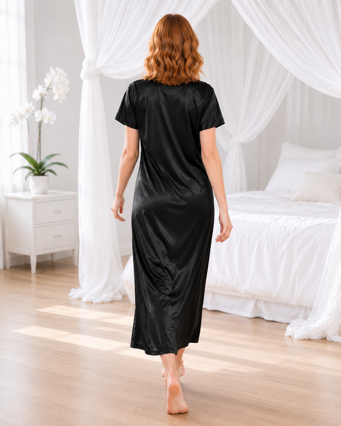 Belavastra Midnight Black Silk Softy Nightgown - Elegant Lace V-Neck