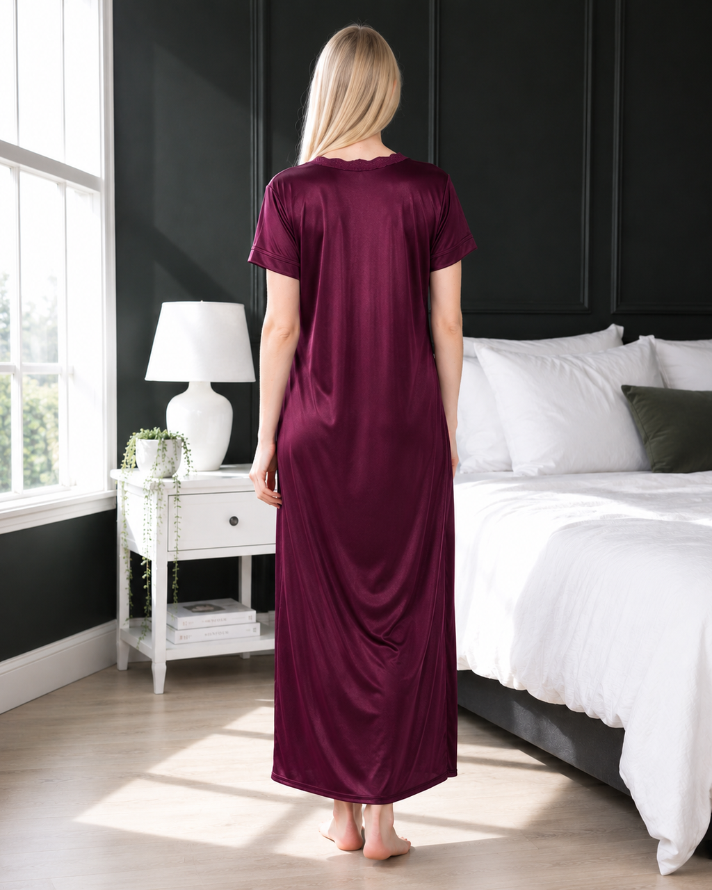 Belavastra Royal Wine Silk Softy Nightgown - Elegant Lace V-Neck