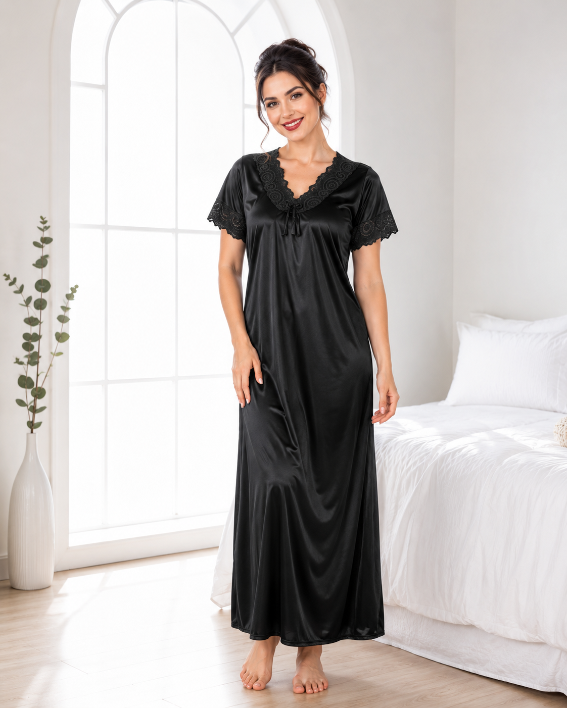 Belavastra Noir Premium Silk Softy Nightgown - Bold Floral Lace V-Neck