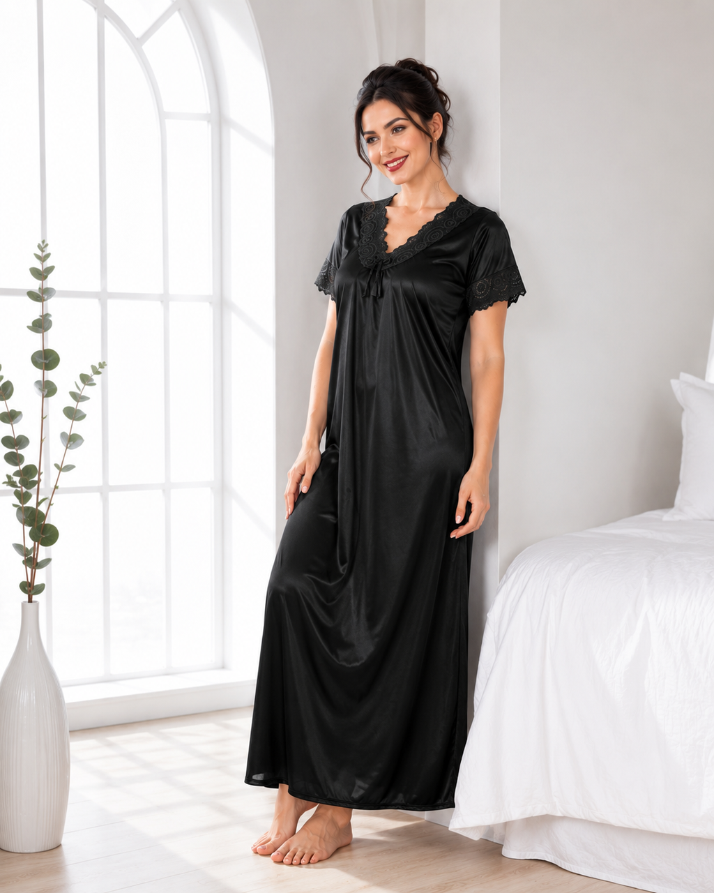 Belavastra Noir Premium Silk Softy Nightgown - Bold Floral Lace V-Neck