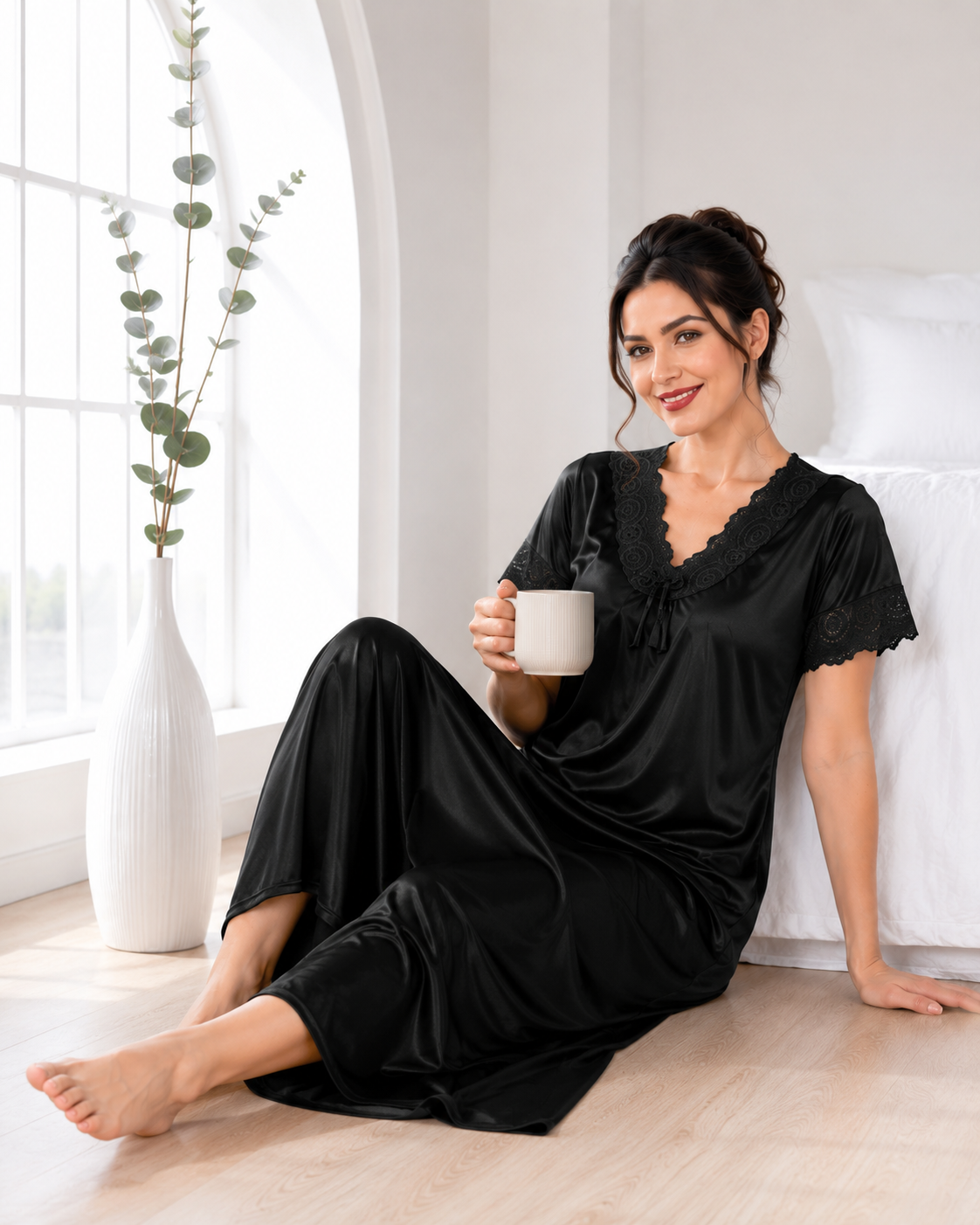 Belavastra Noir Premium Silk Softy Nightgown - Bold Floral Lace V-Neck