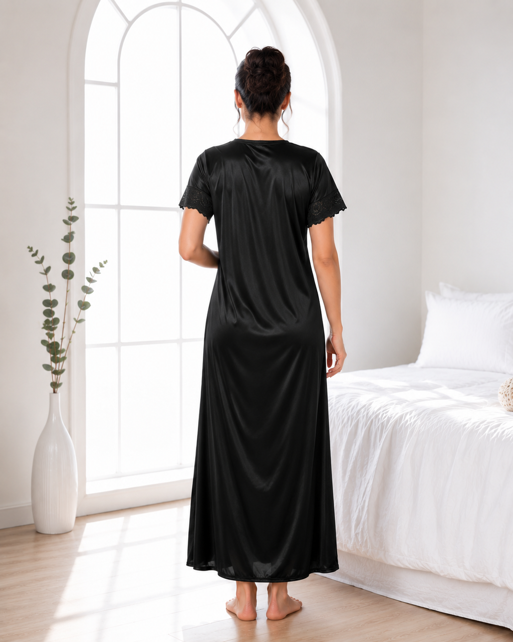 Belavastra Noir Premium Silk Softy Nightgown - Bold Floral Lace V-Neck