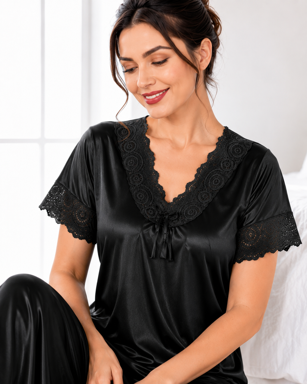 Belavastra Noir Premium Silk Softy Nightgown - Bold Floral Lace V-Neck