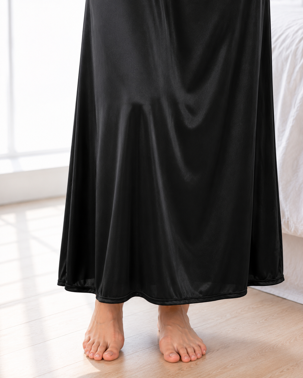 Belavastra Noir Premium Silk Softy Nightgown - Bold Floral Lace V-Neck
