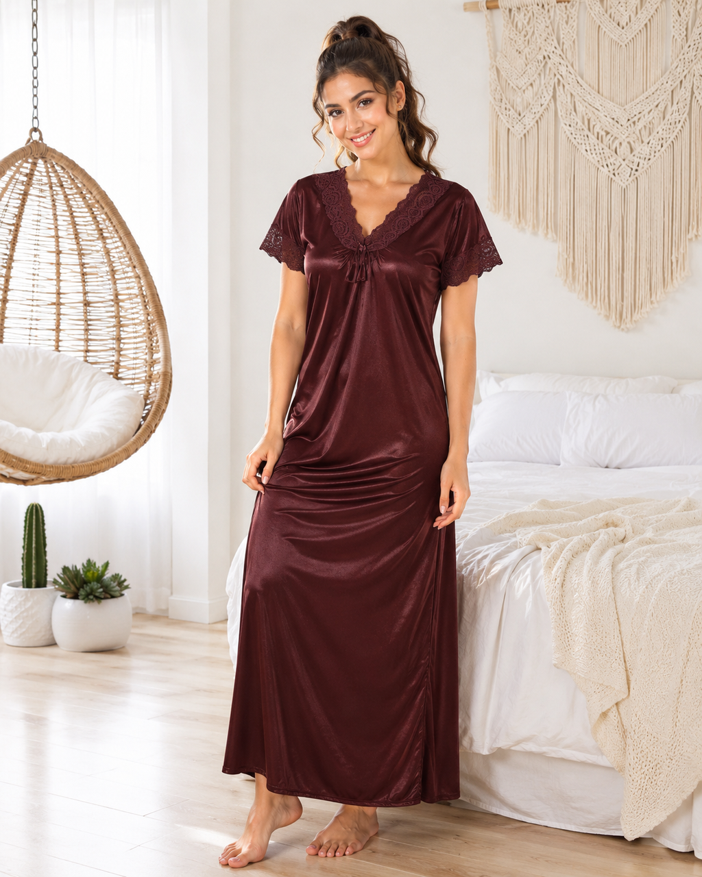 Belavastra Rich Coffee Silk Softy Nightgown - Bold Floral Lace V-Neck