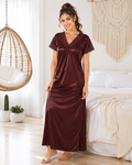 Belavastra Rich Coffee Silk Softy Nightgown - Bold Floral Lace V-Neck