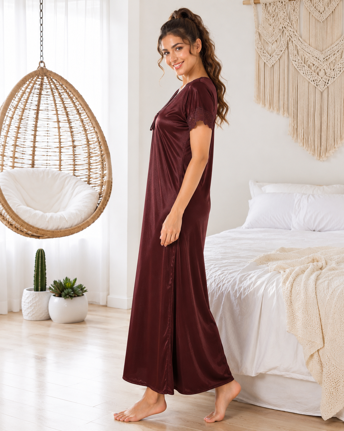 Belavastra Rich Coffee Silk Softy Nightgown - Bold Floral Lace V-Neck