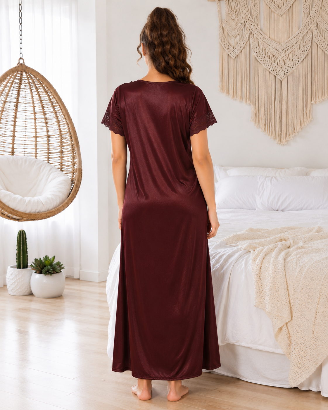 Belavastra Rich Coffee Silk Softy Nightgown - Bold Floral Lace V-Neck