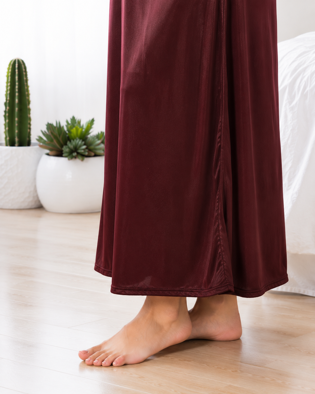 Belavastra Rich Coffee Silk Softy Nightgown - Bold Floral Lace V-Neck