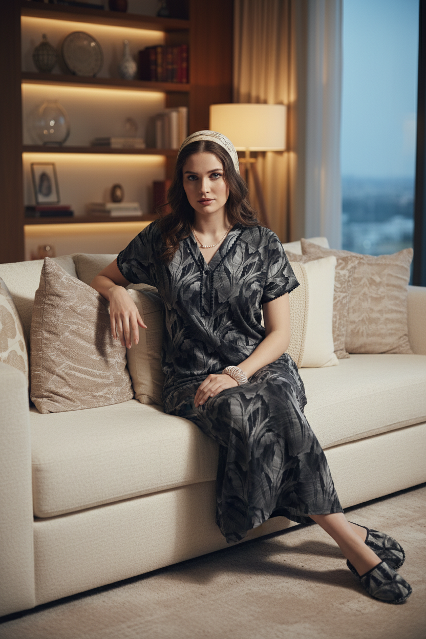 Charcoal With Grey Tropical Print Rayon Nighty For Women