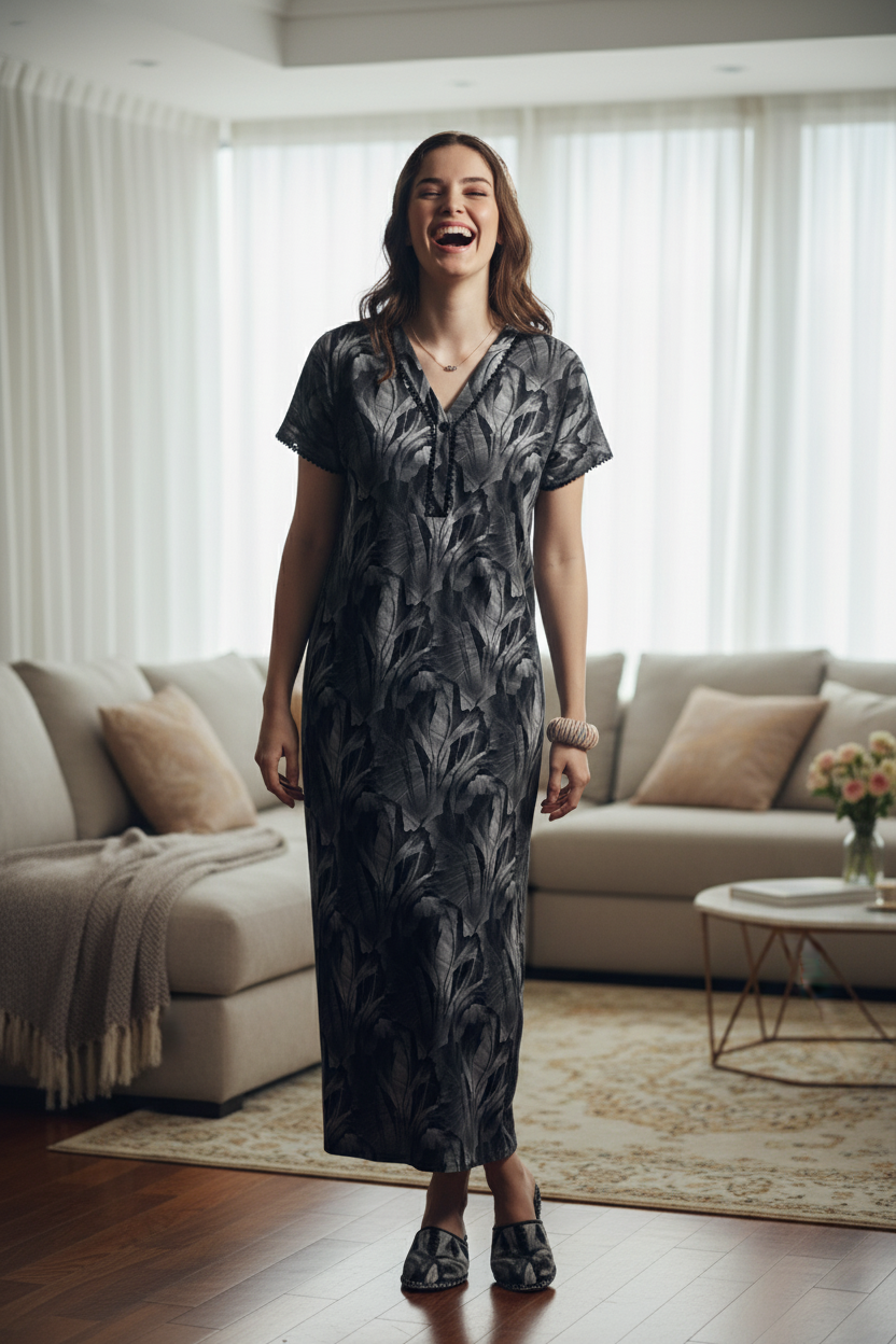 Charcoal With Grey Tropical Print Rayon Nighty For Women