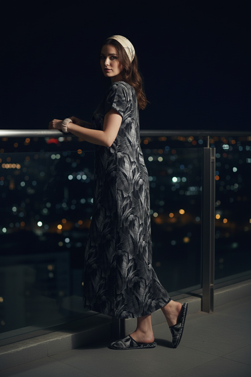 Charcoal With Grey Tropical Print Rayon Nighty For Women