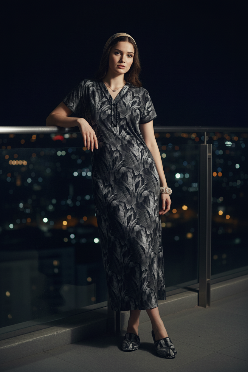 Charcoal With Grey Tropical Print Rayon Nighty For Women