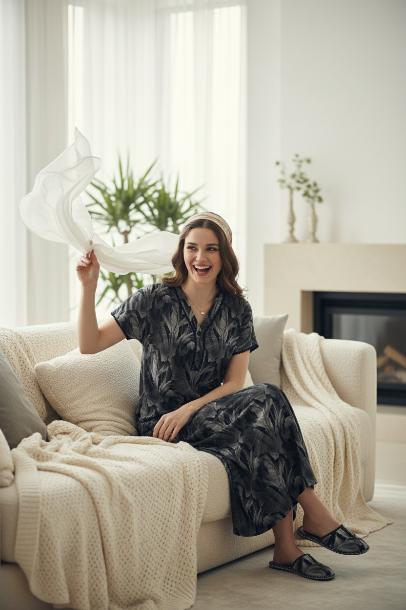 Charcoal With Grey Tropical Print Rayon Nighty For Women