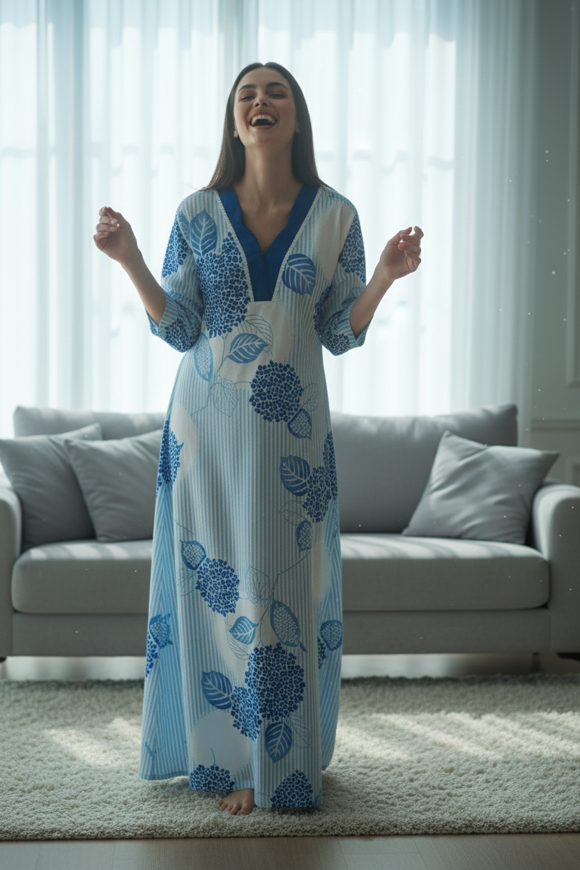 Sky Blue And Pristine Crisp White Hosiery Print Nighty For Women