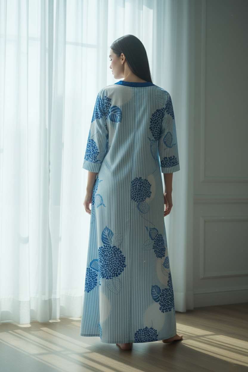 Sky Blue And Pristine Crisp White Hosiery Print Nighty For Women