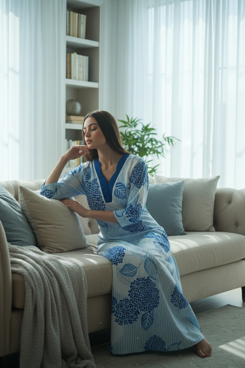 Sky Blue And Pristine Crisp White Hosiery Print Nighty For Women