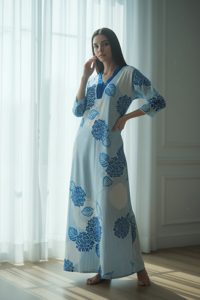 Sky Blue And Pristine Crisp White Hosiery Print Nighty For Women