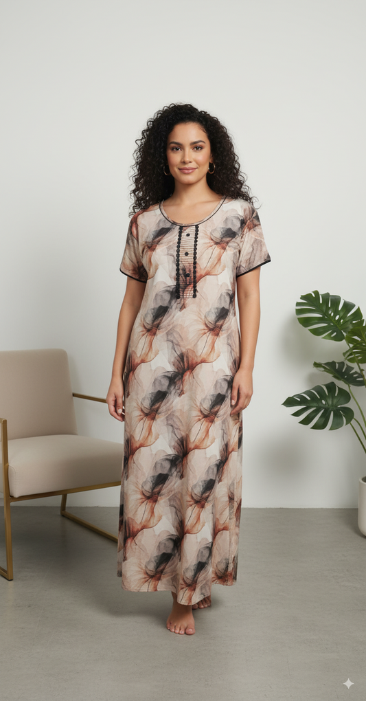 Blend Of Beige, Black, And Rust Floral Patterns Rayon Print Nighty For Women