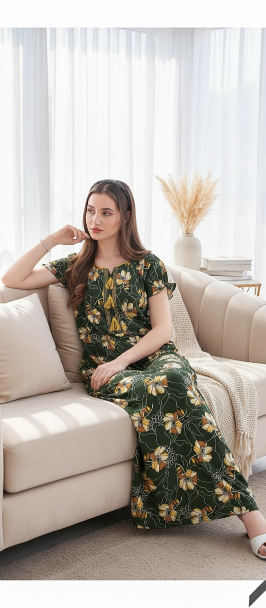 Deep Olive Green With Multicolor Floral Print Hosiery Plain Nighty For Women